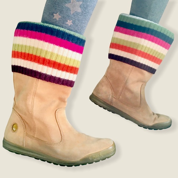 Coach Suede Leather Boots Tatum Multi Color Stripes Wool Cuff Womens 6.5 - Picture 5 of 8